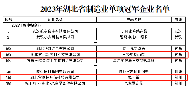 宜化新材料、宜氟特環(huán)保公司獲評2023年湖北省制造業(yè)單項(xiàng)冠軍企業(yè)(圖1)